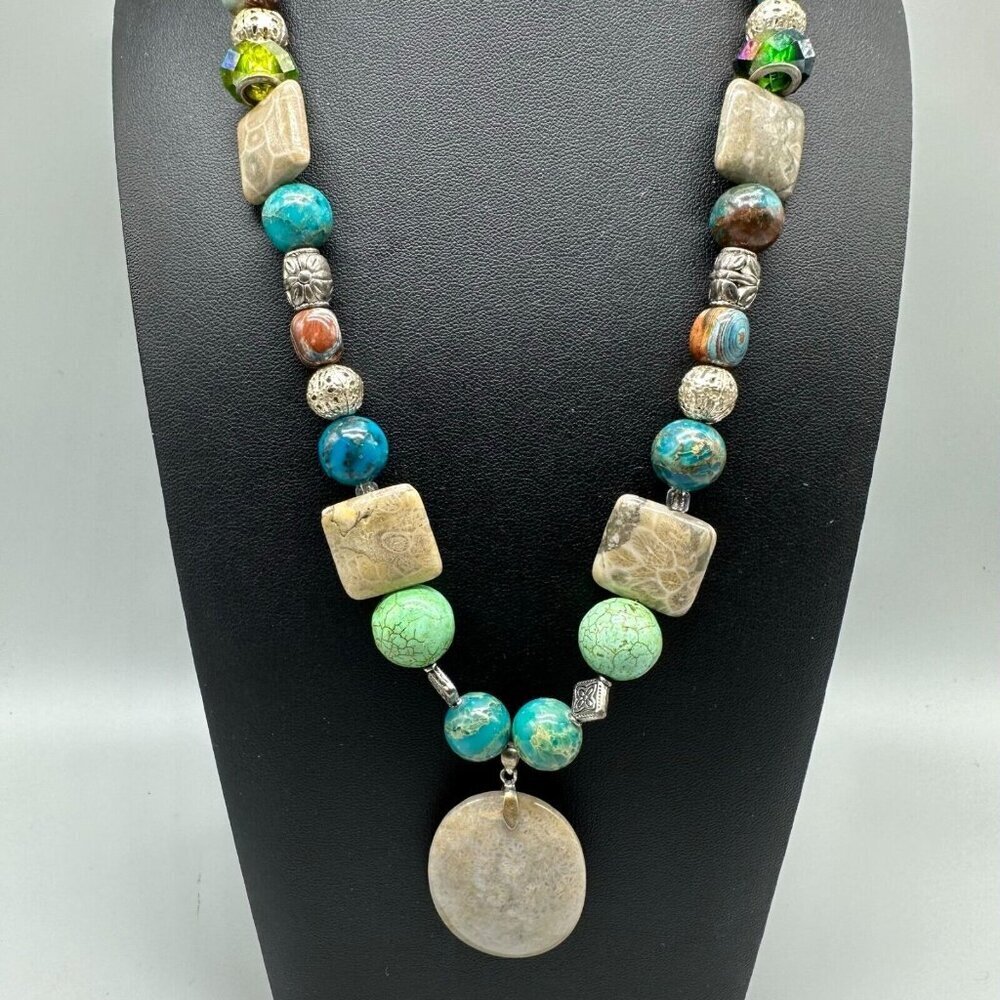 Natural Stone Pendant Necklace Mixed Gemstones Silver Tone Beads 22"